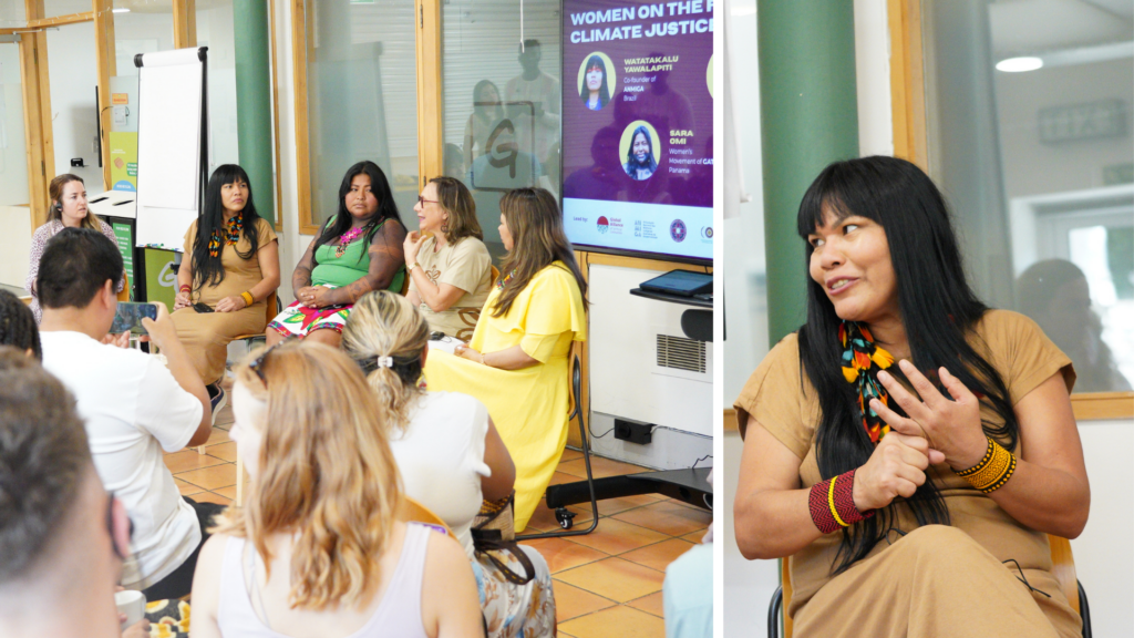 Speakers at the event “Women on the Front Line — Climate Justice & Direct Finance”, held in London during Climate Action Week. On the right, Watatakalu Yawalapiti, co-founder of ANMIGA, at the same event.